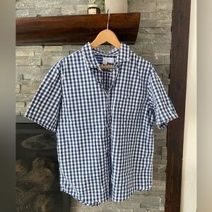 💙 EUC Old Navy Blue White Cotton Button Down Gingham Checkered Shirt Pocket L